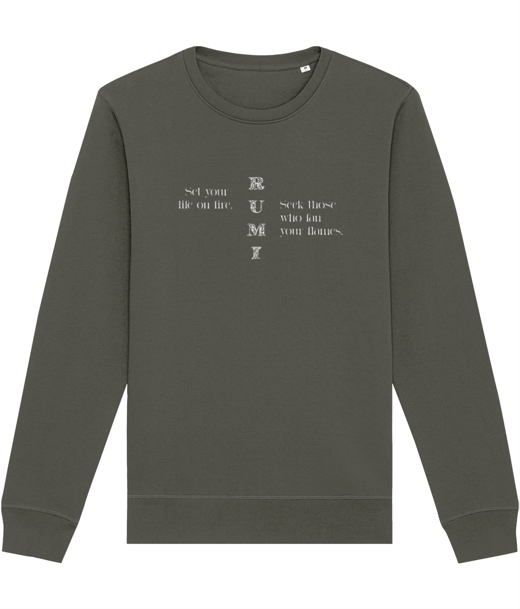Women's Famous Quotes 'On Fire' Rumi Organic Cotton Sweatshirt with slogan design.