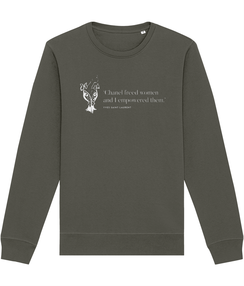 Saint Laurent sweatshirt with empowering Chanel slogan and graphic design.