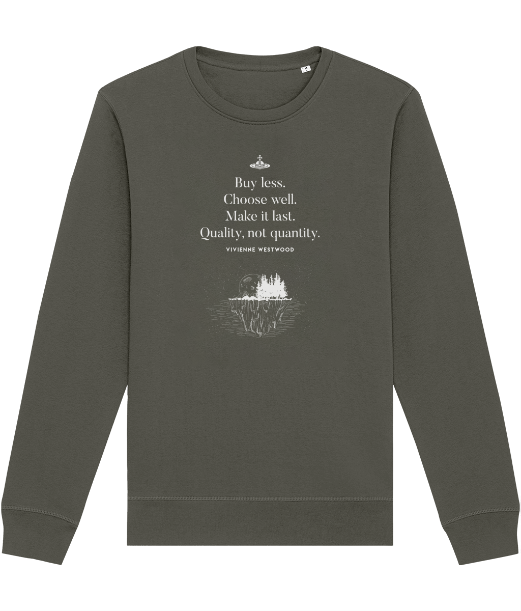 Stay trendy and eco-friendly with the climate change 'Buy Less' Vivienne Westwood organic cotton sweatshirt.