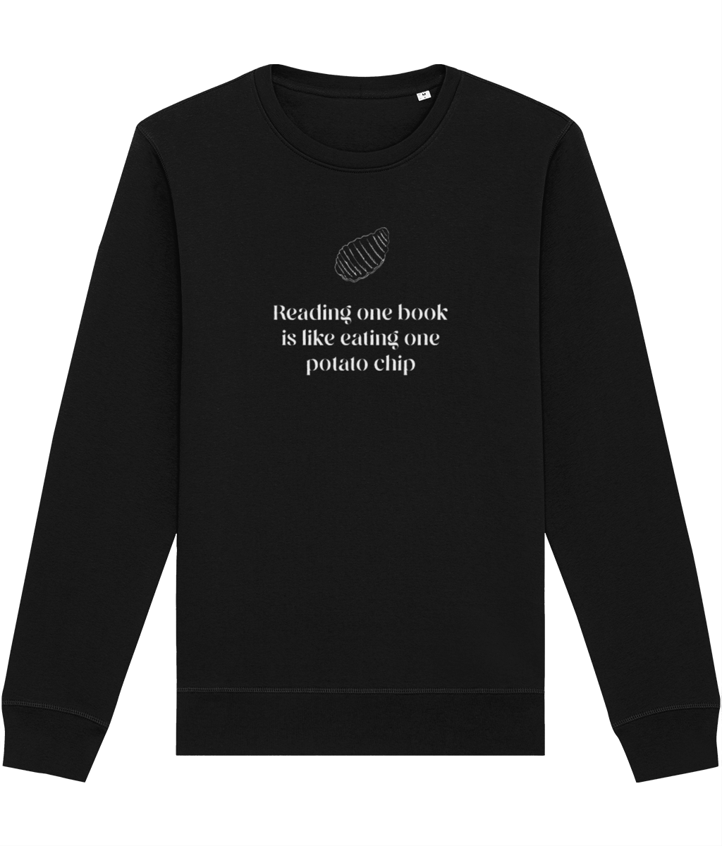 Eco-friendly sweatshirt 'Can I Have More' book reading for book lovers.