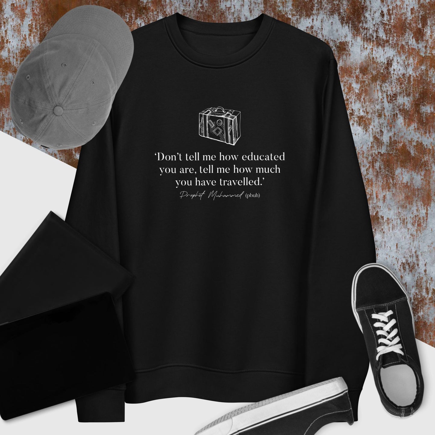 Adventure 'Well-Travelled' Islamic organic cotton sweatshirt—a must-have for every nature and travel lover!