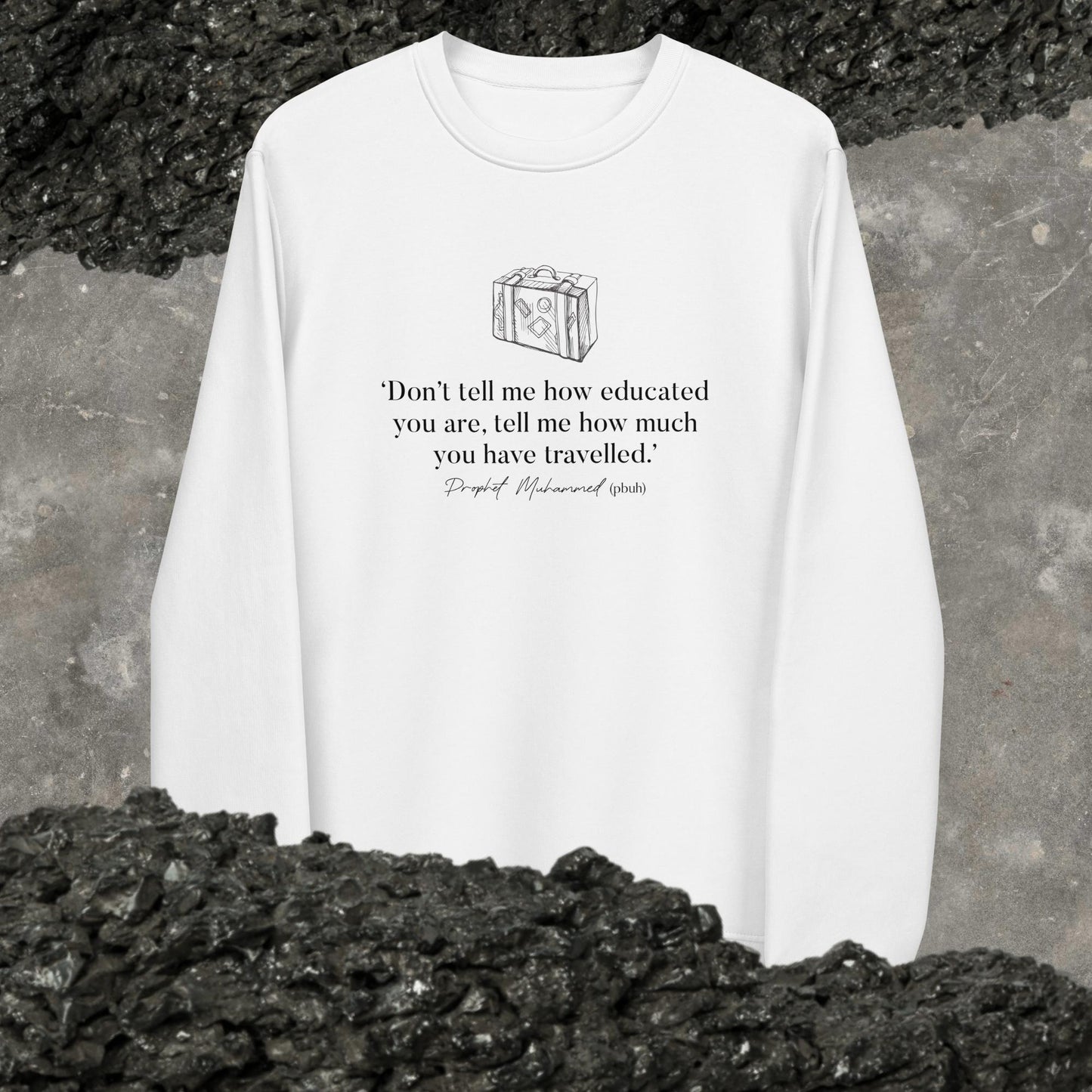 Express your love for travel with the Adventure 'Well-Travelled' Islamic organic cotton sweatshirt today!