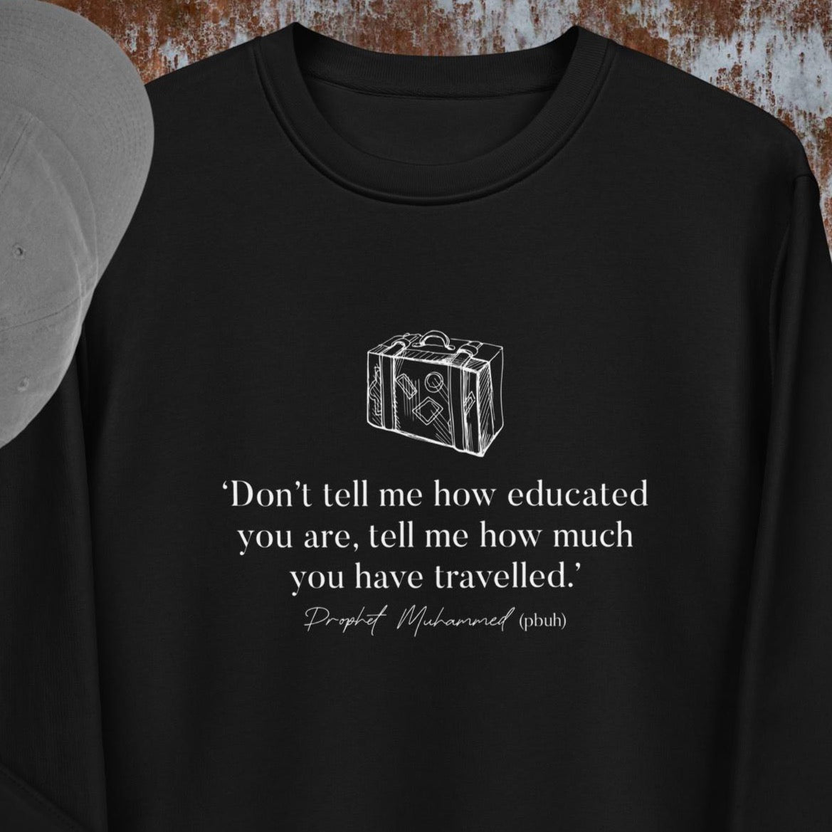 Stay cozy in the Adventure 'Well-Travelled' Islamic organic cotton sweatshirt—perfect for travel lovers!