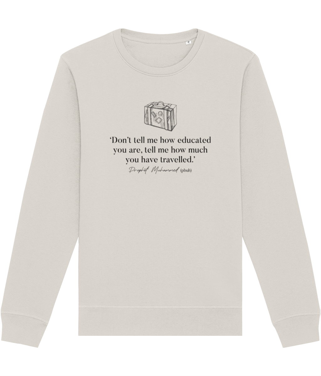 Adventure 'Well-Travelled' Islamic organic cotton sweatshirt—for those who wander and seek new horizons.