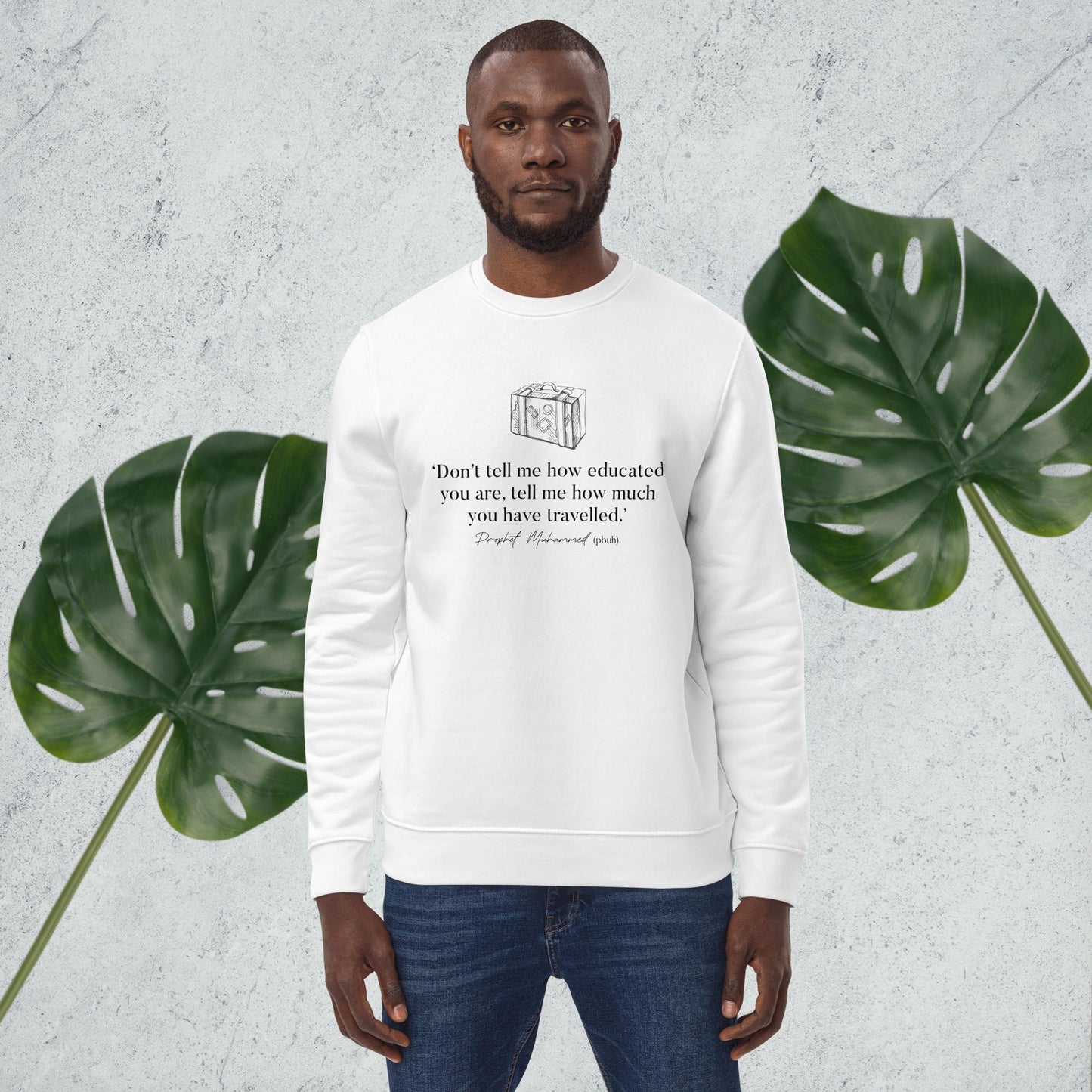 Adventure 'Well-Travelled' Islamic organic cotton sweatshirt—a cozy pick for travel and nature lovers!