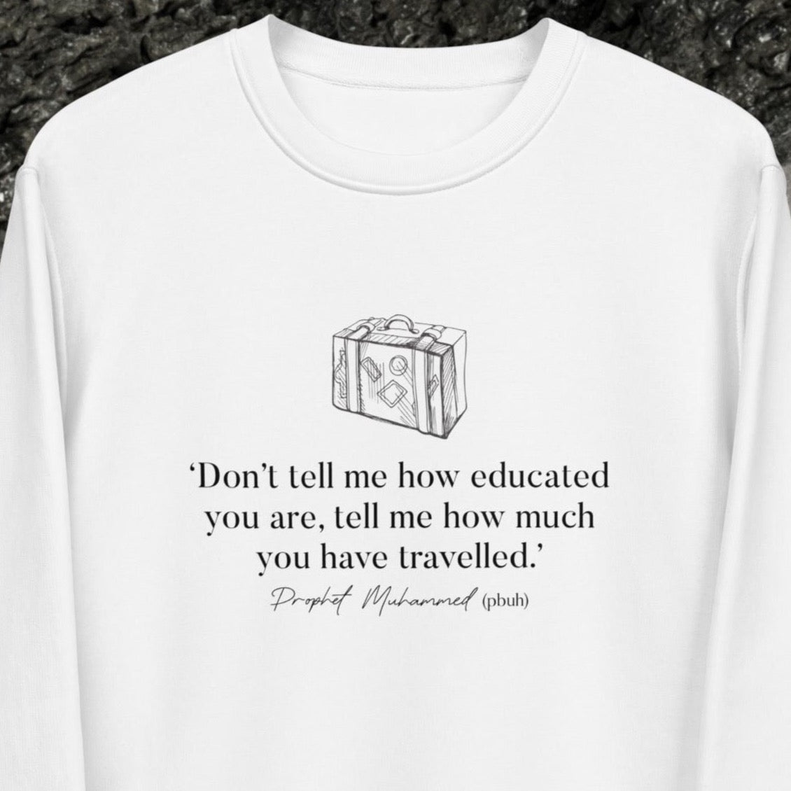 Travel in style with the Adventure 'Well-Travelled' Islamic organic cotton sweatshirt—soft and sustainable!