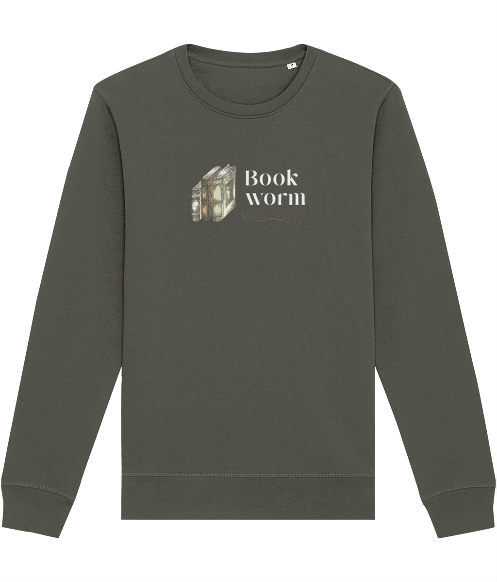 Eco-friendly sweatshirt: 'Bookworm' book reading.
