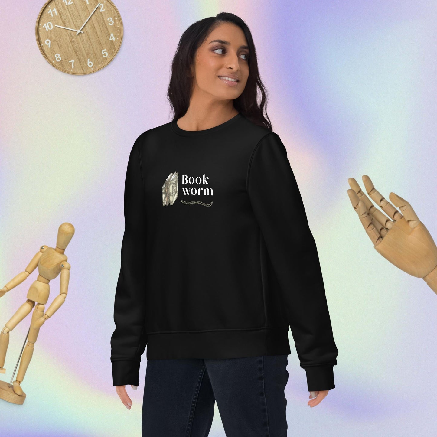 Unique best sweatshirt: 'Bookworm' organic cotton design.
