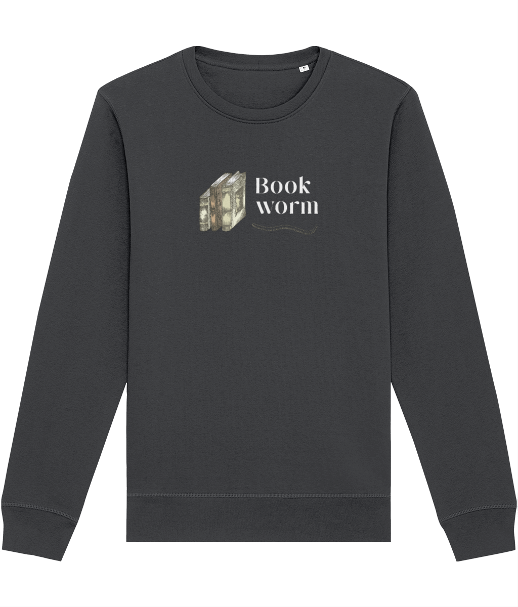 Stylish best sweatshirt: 'Bookworm' book lover look.