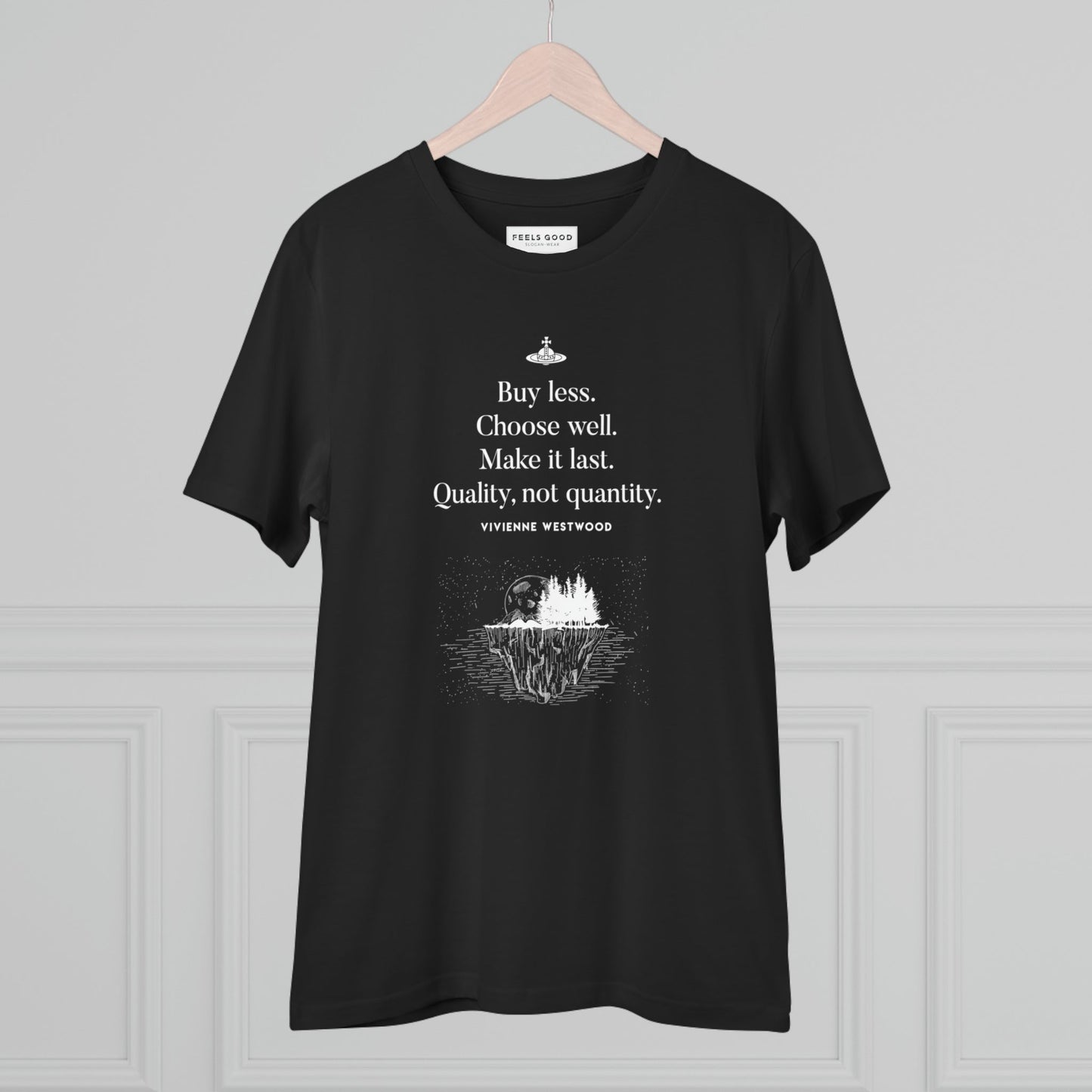 Make a statement with a climate change 'Buy Less' Vivienne organic cotton T-shirt— shop now!