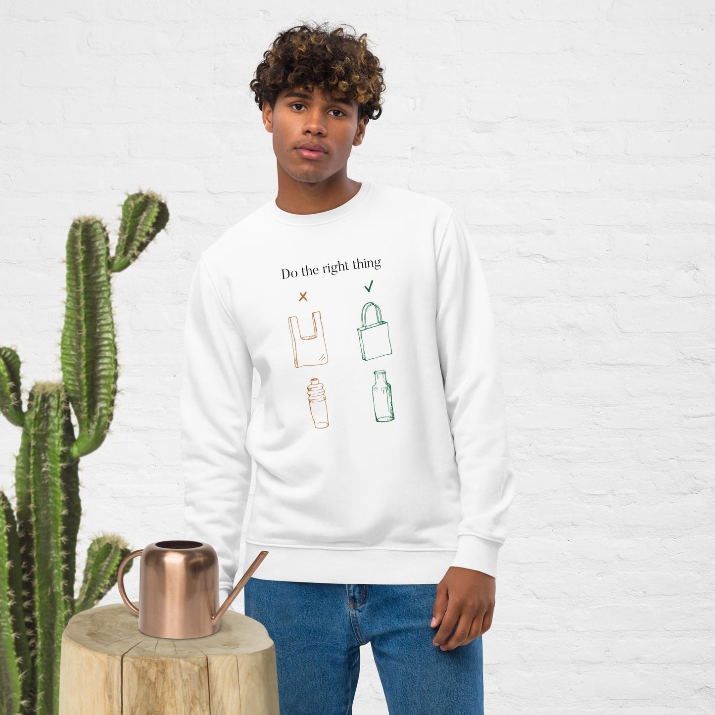 Top sweatshirt: Climate Change 'No Plastic' organic cotton.