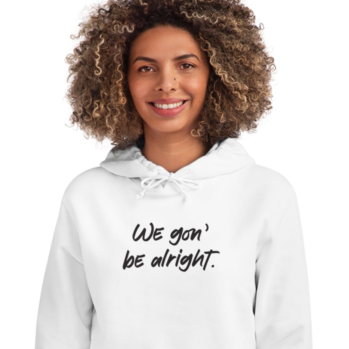 White hoodie featuring ‘Being Alright’ slogan for social awareness