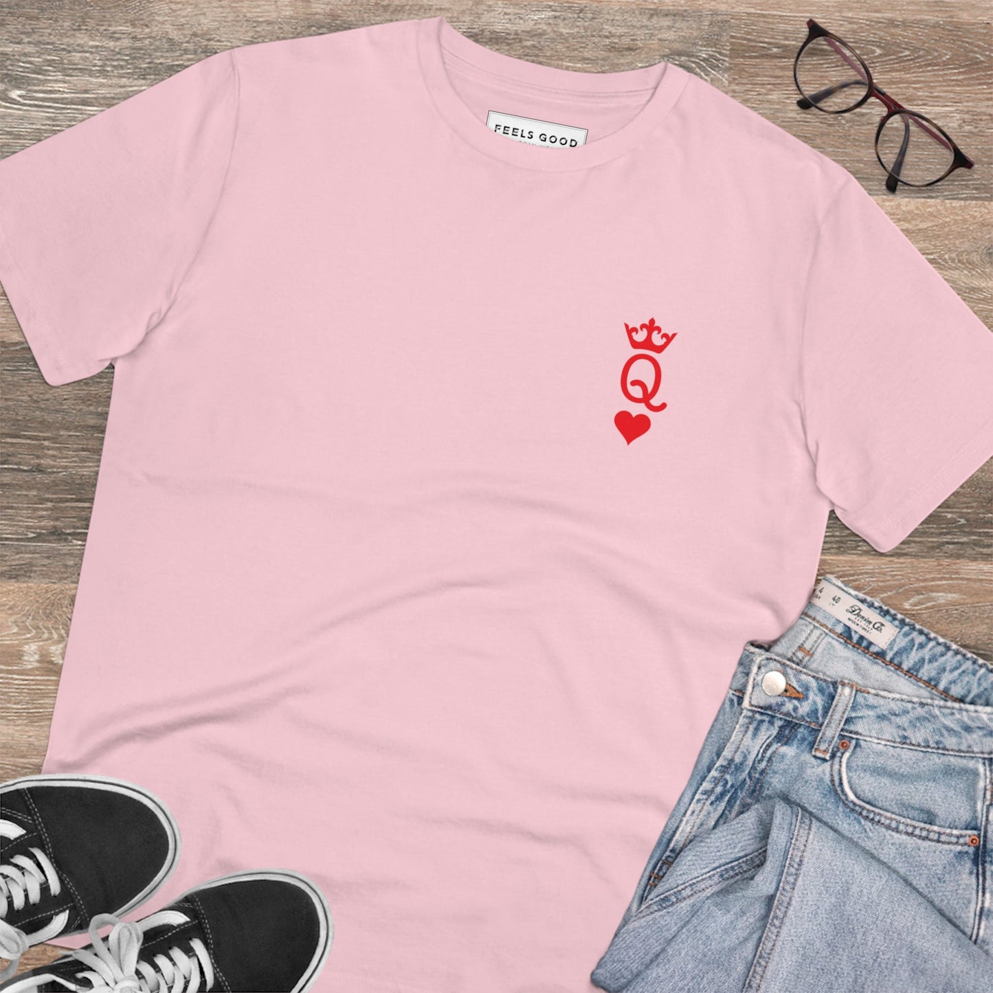 Good vibe t-shirt: 'Queen Of Hearts' contemporary organic tee.