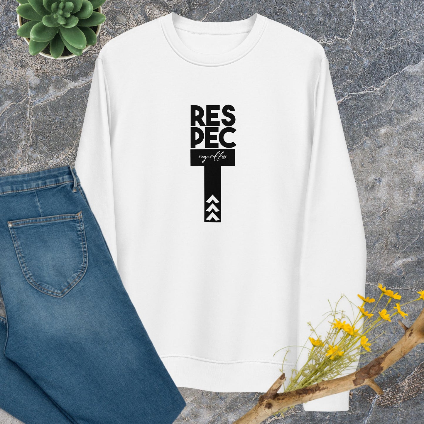 Cozy up in the contemporary 'Respect Regardless' organic cotton sweatshirt—fashion with impact.