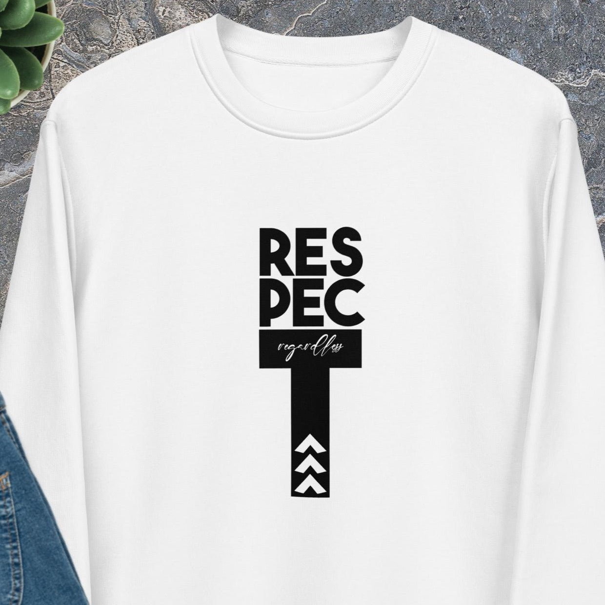 Contemporary 'Respect Regardless' organic cotton sweatshirt—boldly designed sweatshirts for women.