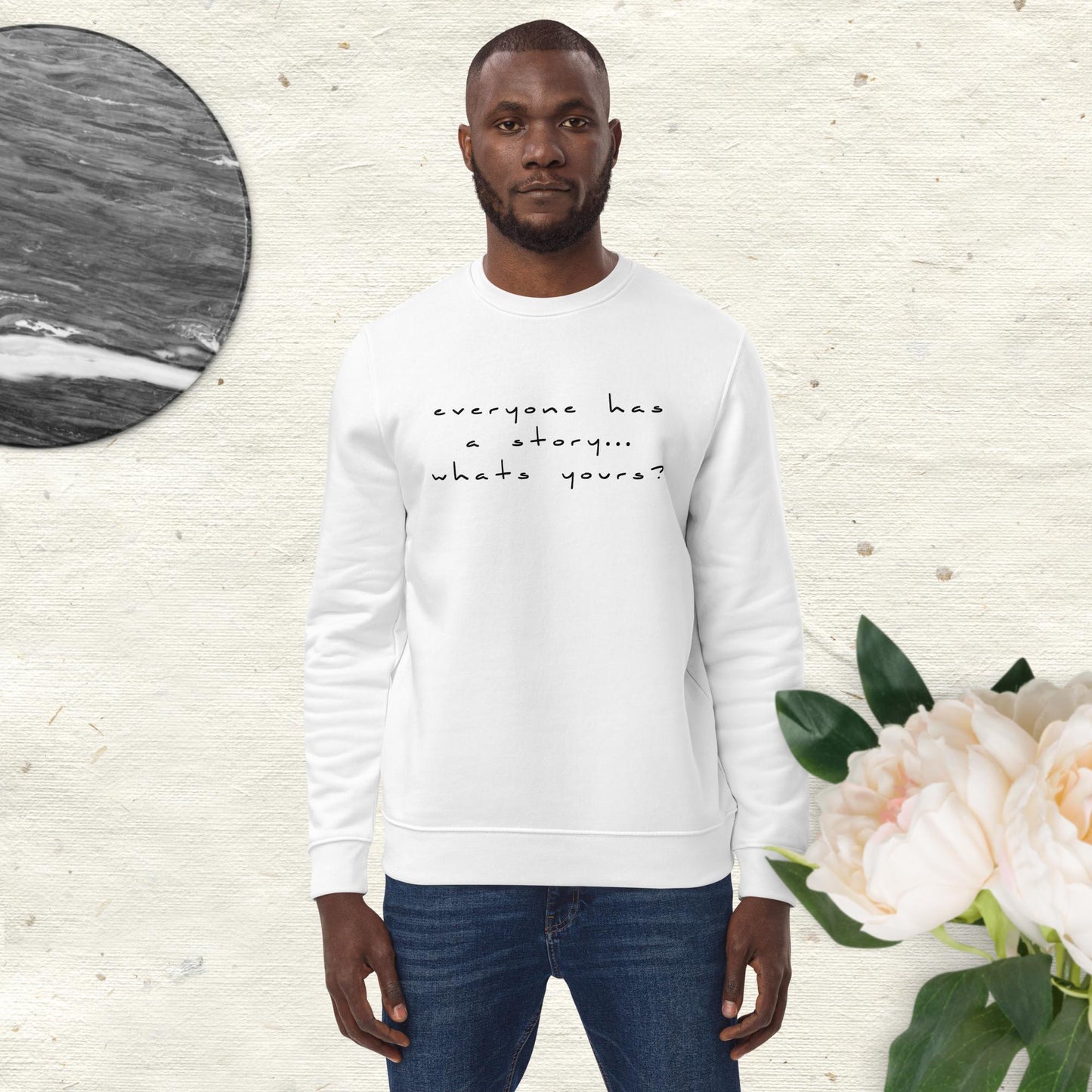 Best mens sweatshirt: 'Tell Your Story' contemporary design.