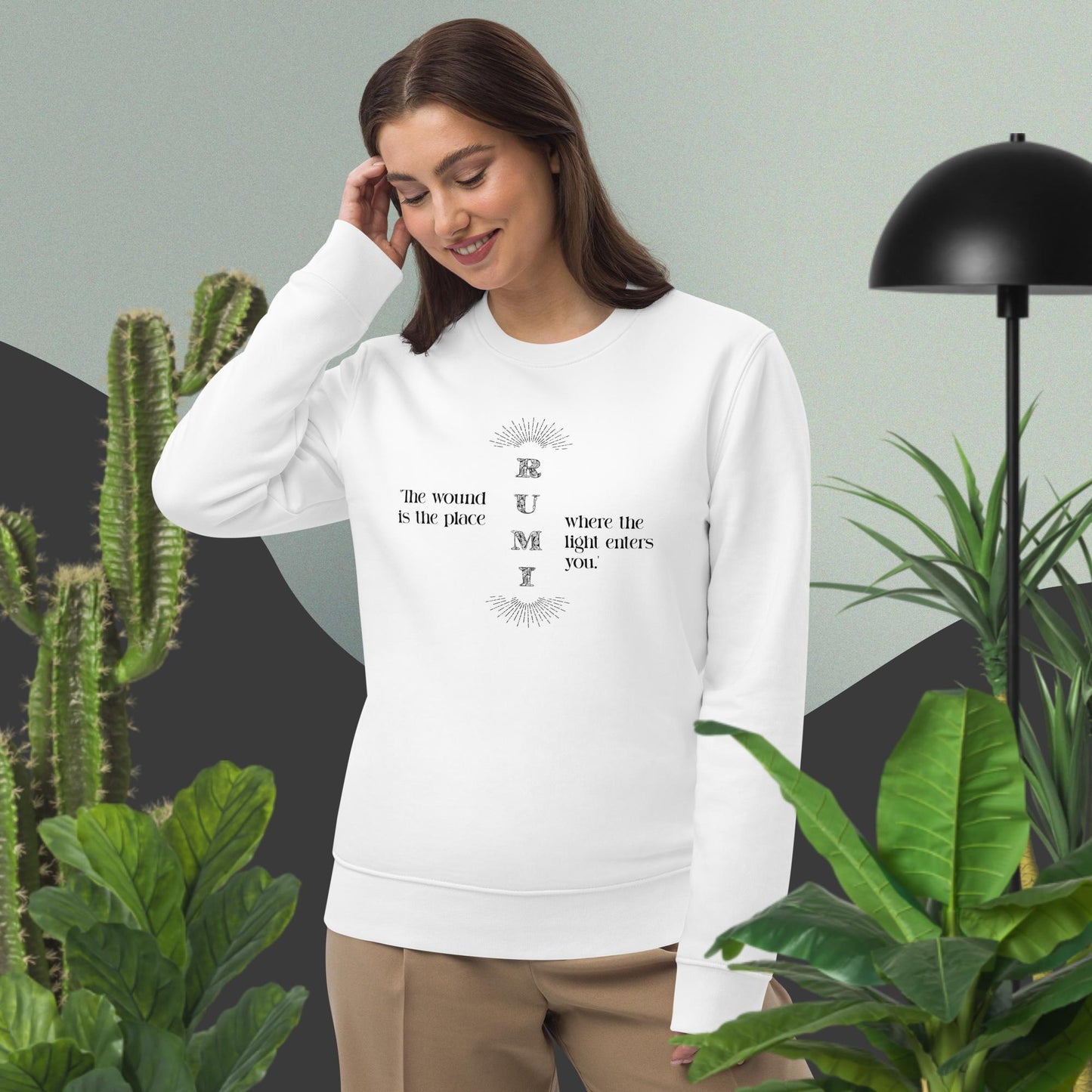Famous Quotes 'Light Entering' Rumi Organic Cotton Sweatshirt with bold quote print