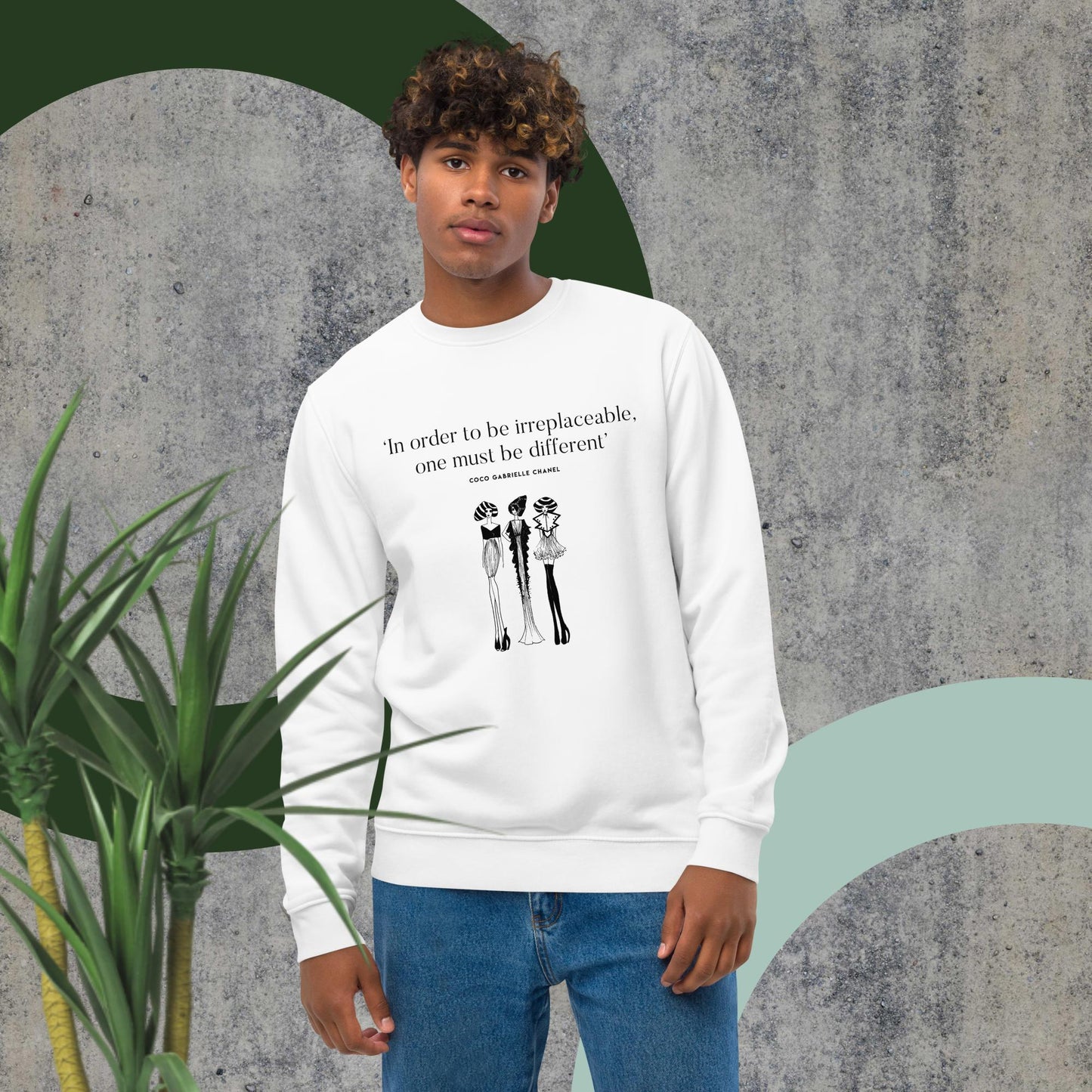 Eco-friendly 'Be Different' Coco Chanel Organic Cotton Sweatshirt for sustainable fashion lovers.