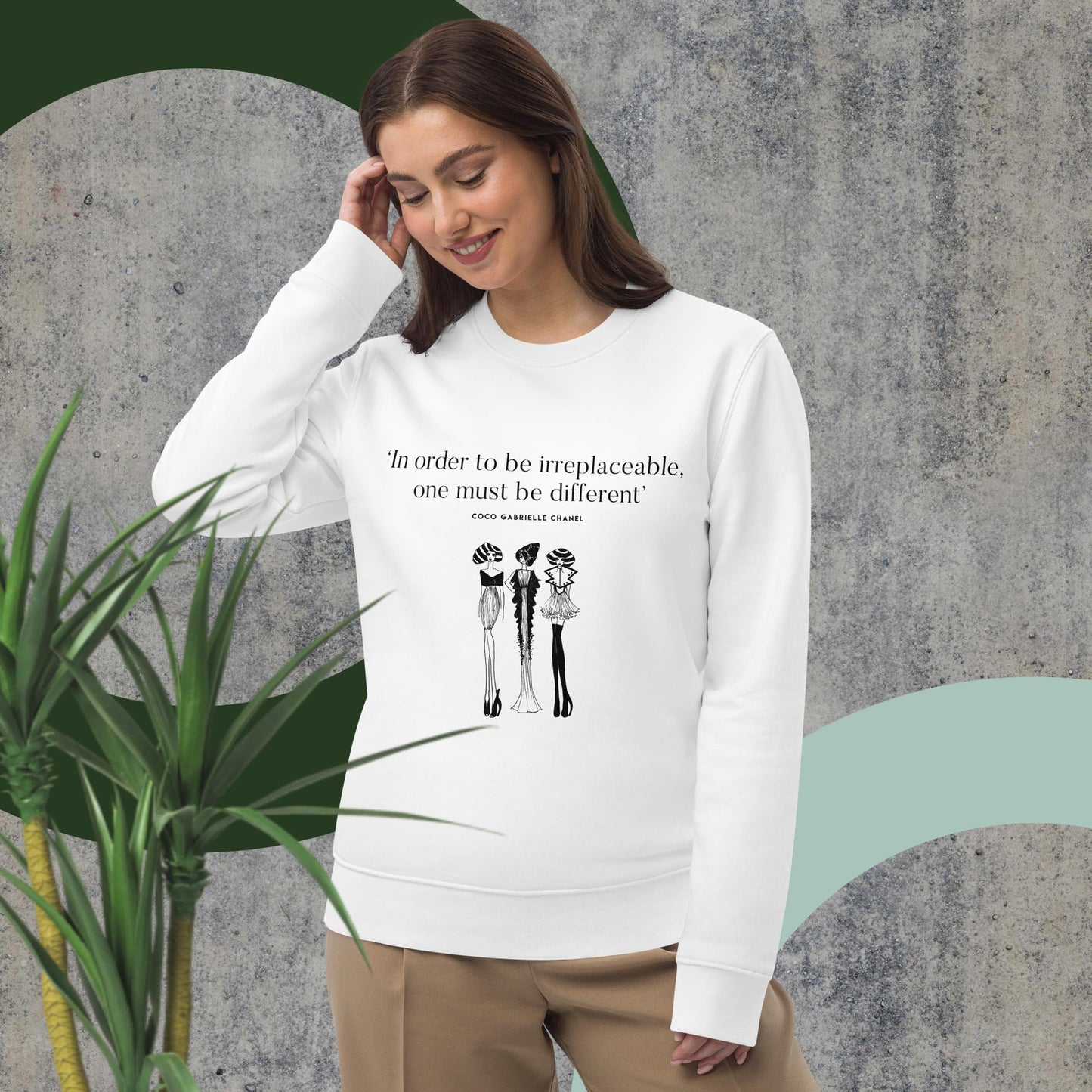 Vintage vibe with the 'Be Different' Coco Chanel Organic Cotton Sweatshirt with graphic design.