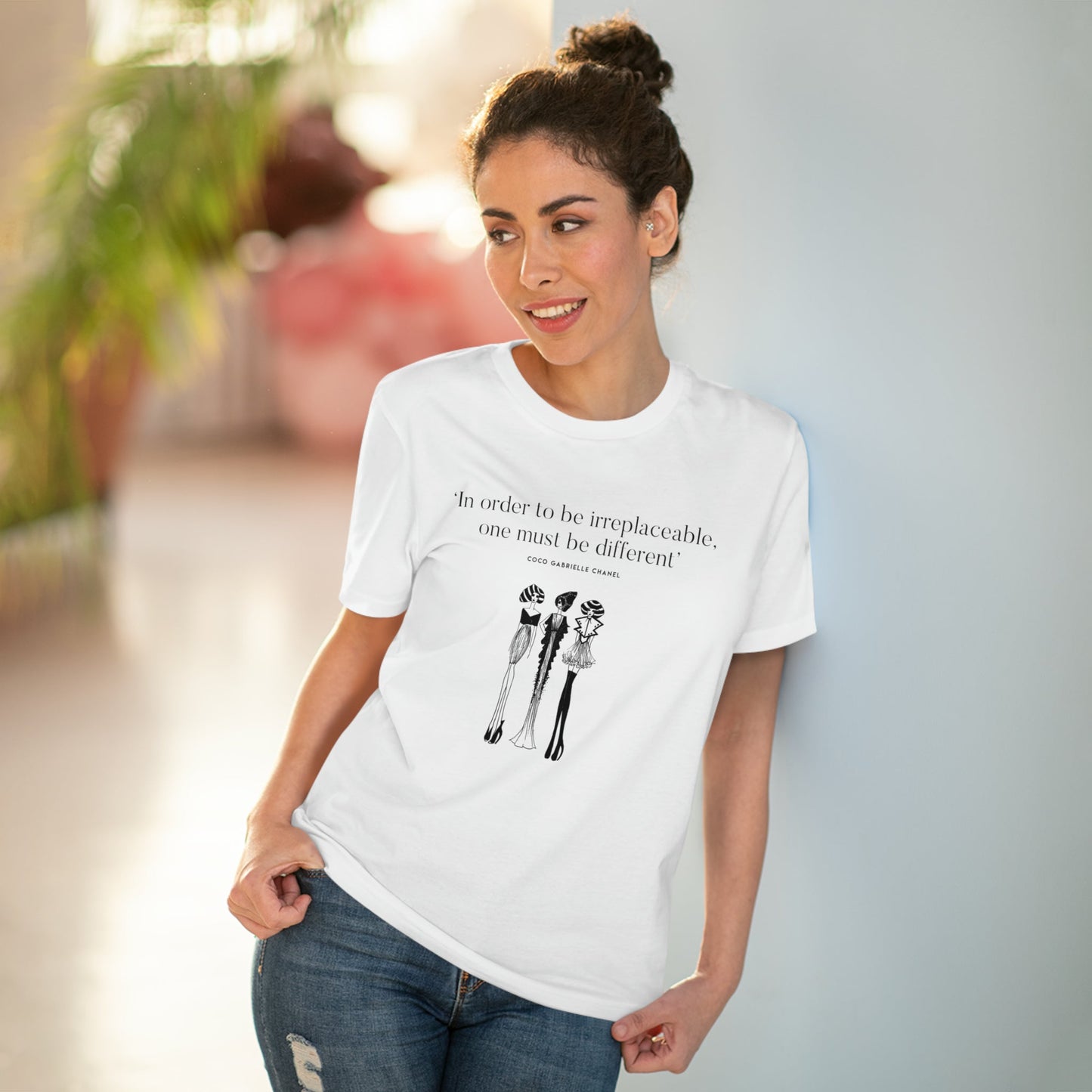 Coco Chanel inspirational fashion T-shirt – 'In order to be irreplaceable' stylish print