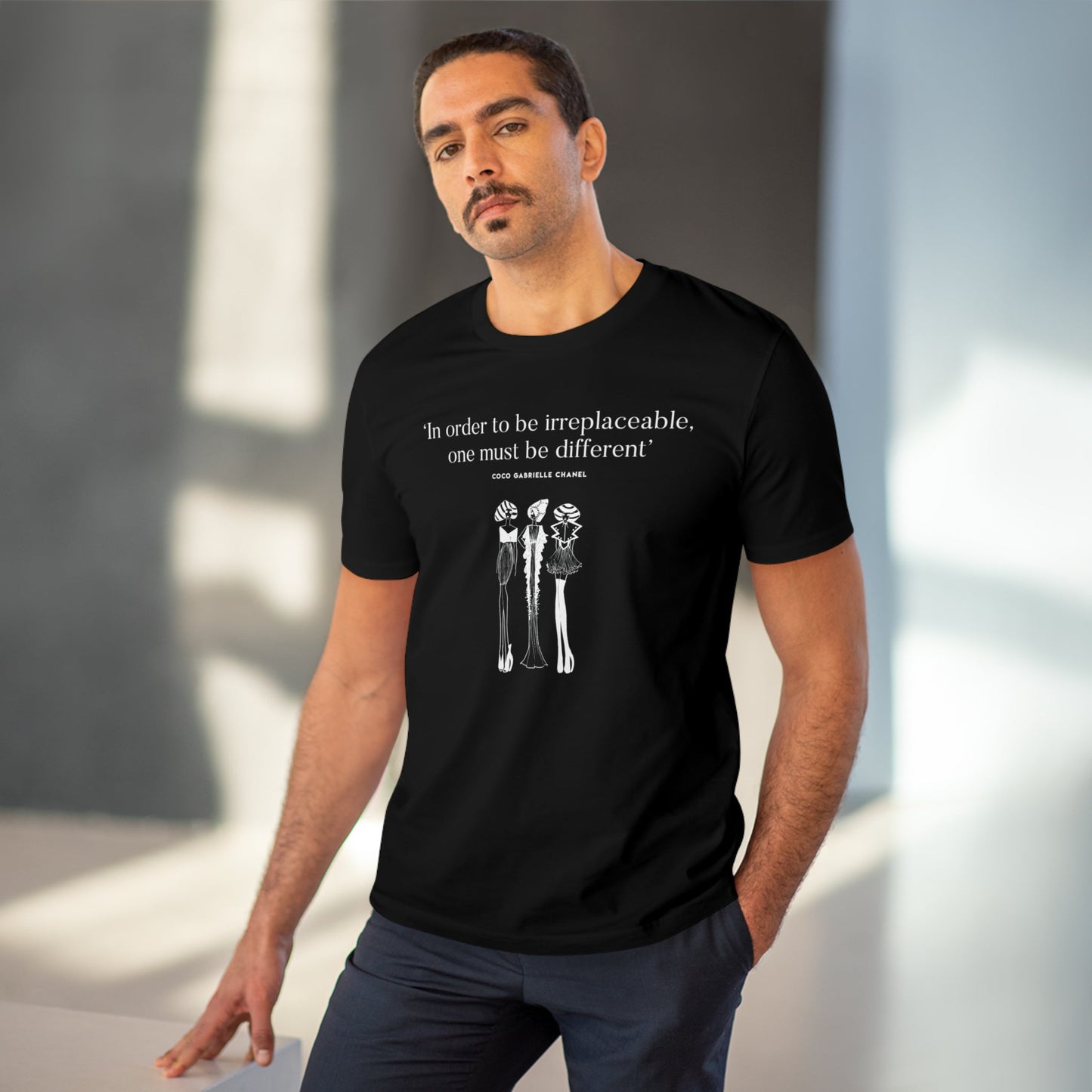 Coco Chanel inspired T-shirt – 'In order to be irreplaceable, one must be different' print