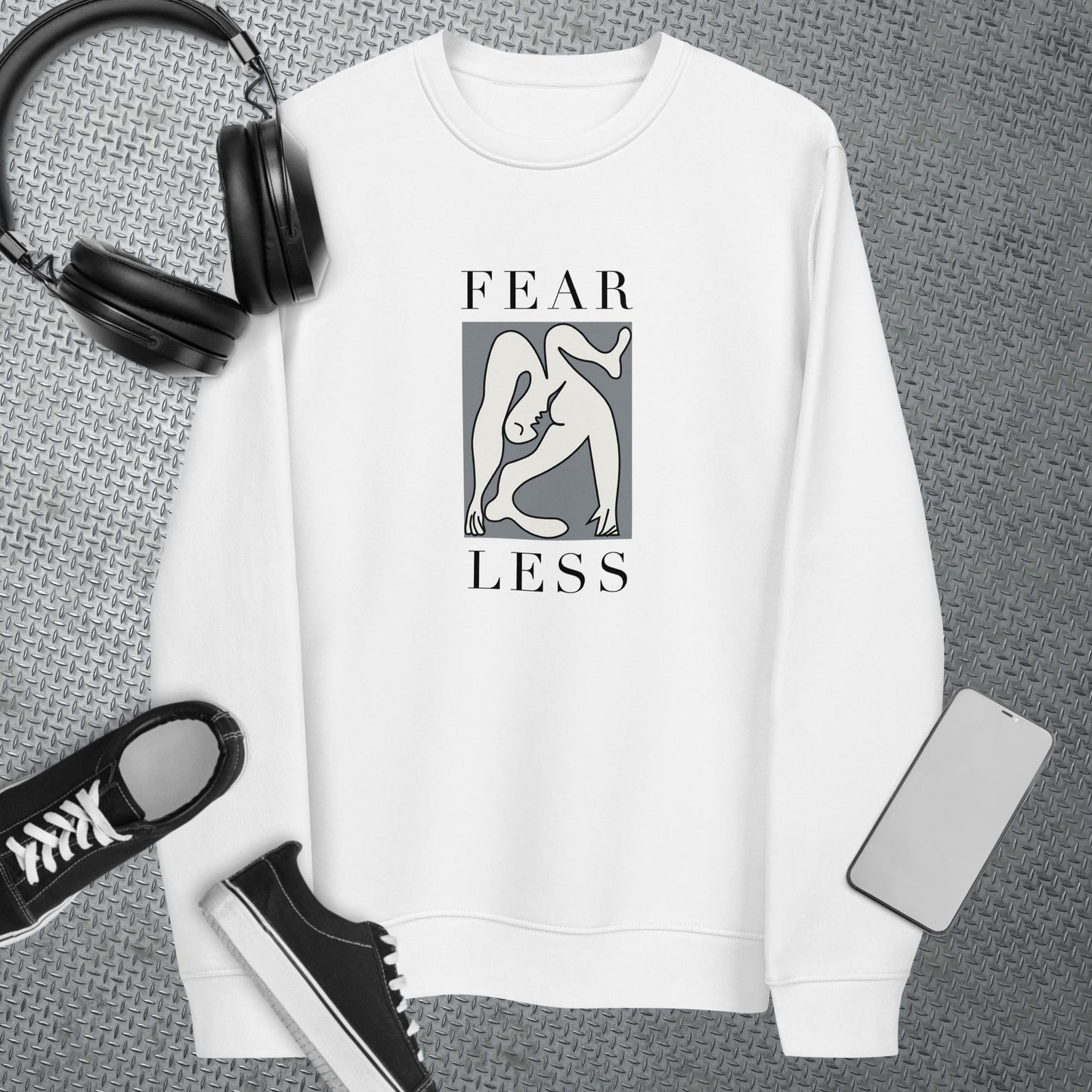 Let your outfit speak with the feminist 'Fear Less' organic cotton sweatshirt, a strong feminist sweatshirt.