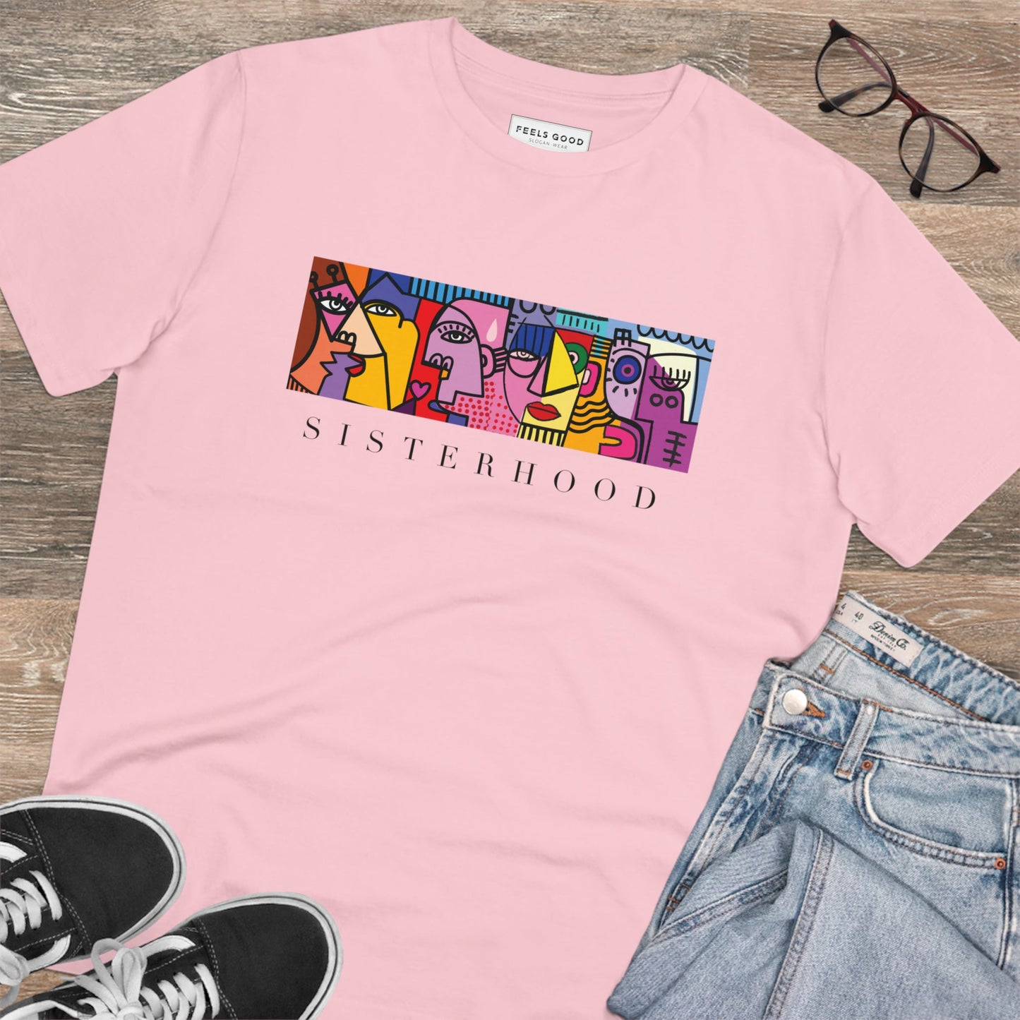 Inspire change with the feminist 'Sisterhood' organic cotton t-shirt, featuring inspirational quotes for t shirts.