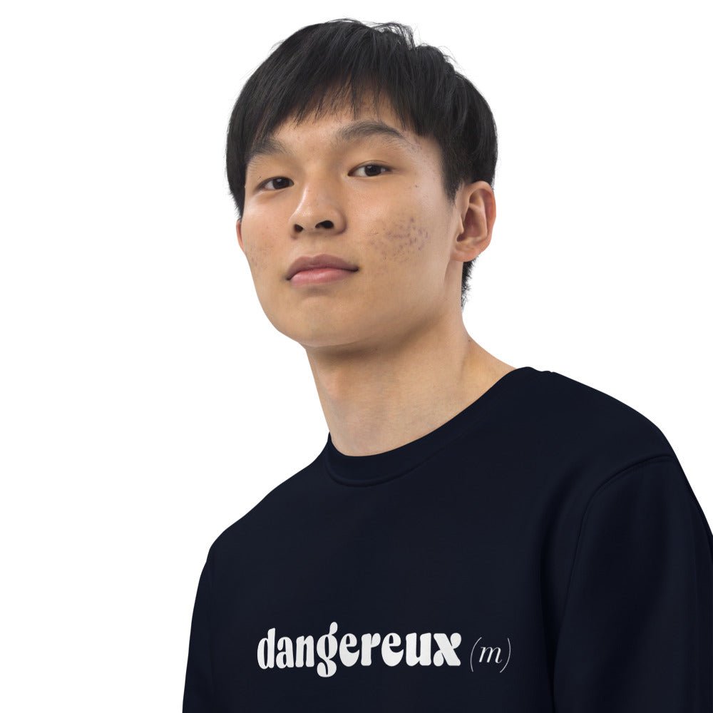 Looking for gifts for Francophiles? The Francophile 'Dangerous Male' Sweatshirt is a perfect choice.