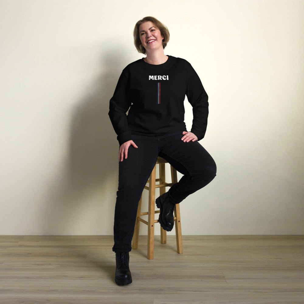 Looking for unique Francophile gifts? The Francophile 'Thanks' Organic Sweatshirt is ideal!