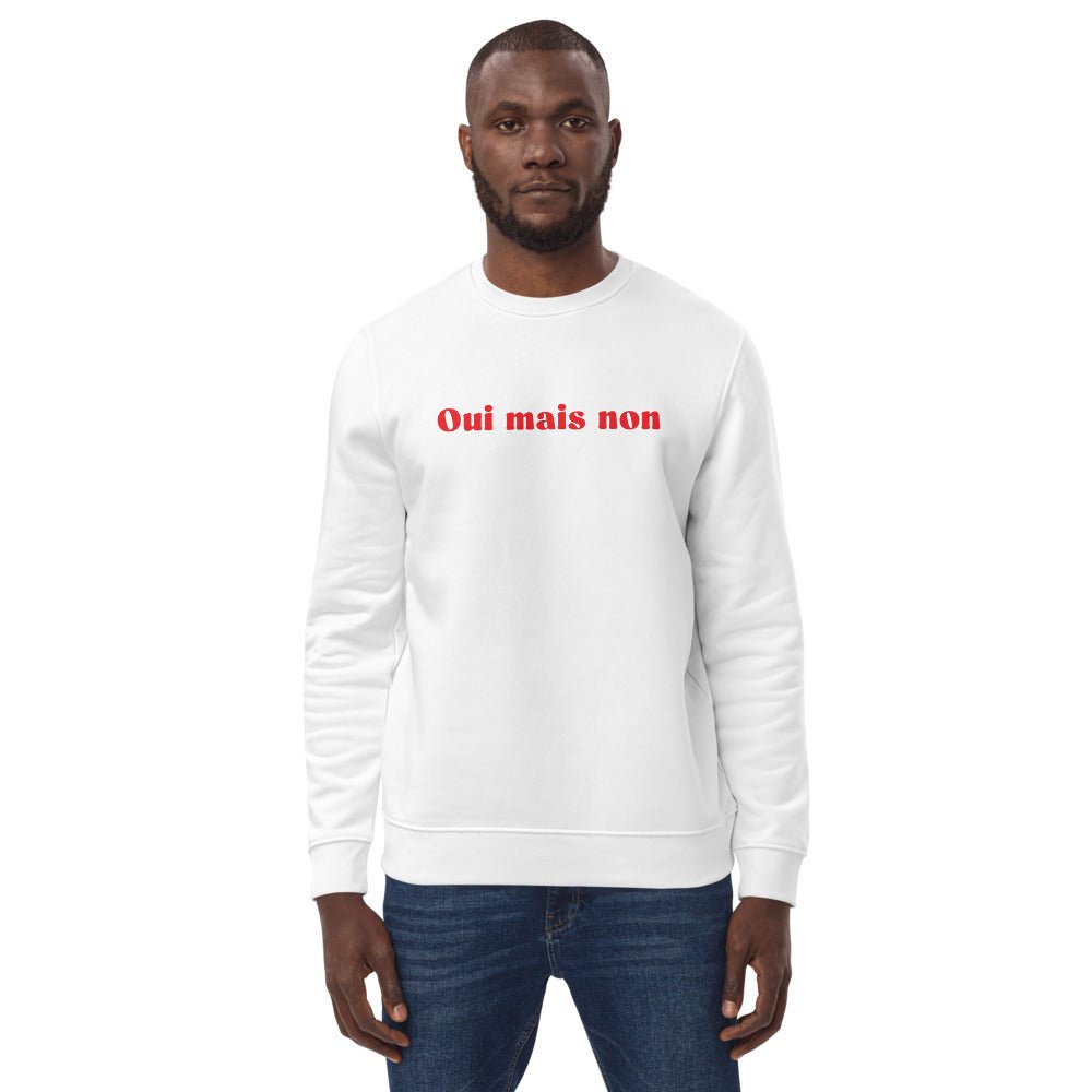 Parisian ambivalence: On a cozy 'Yes But No' organic jumper.