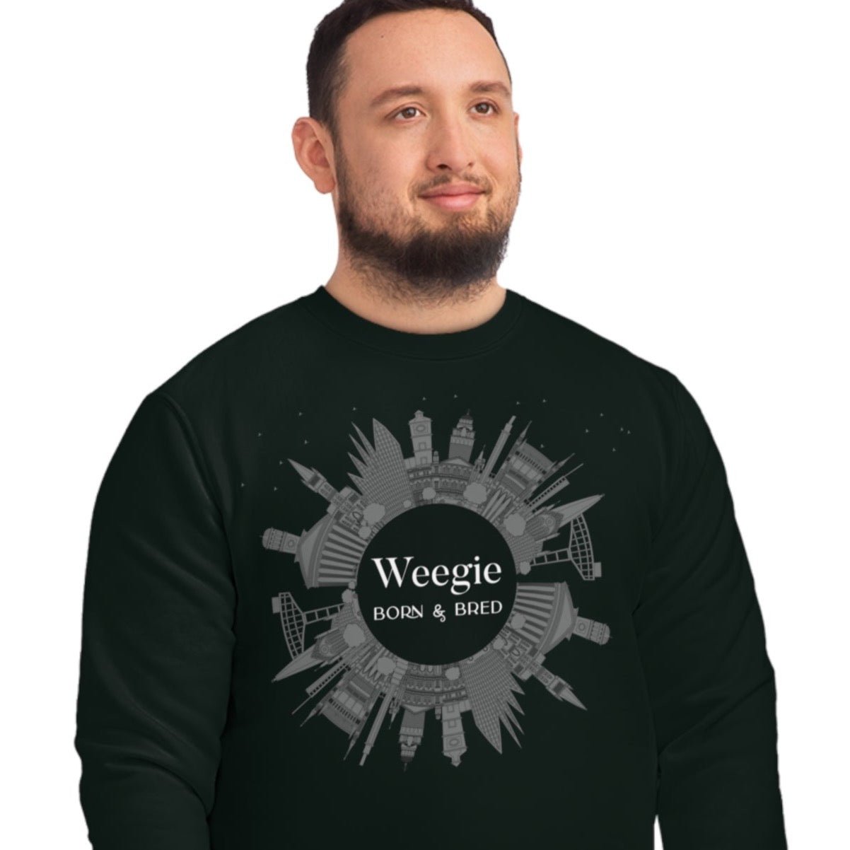 Stay cozy in the Glaswegian Slang 'Weegie Born & Bred' organic cotton sweatshirt, a top Scotland sweatshirt!