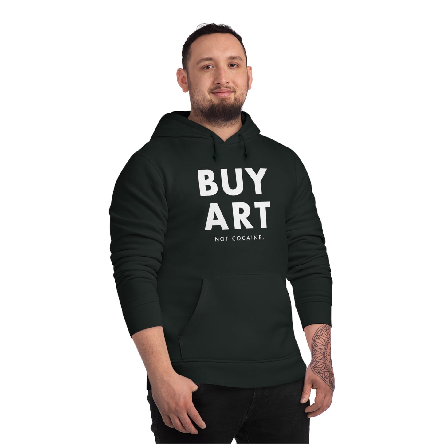 Buy men hoodie with a message – Hip Hop 'Buy Art, Not Cocaine' Organic Cotton Hoodie for streetwear.