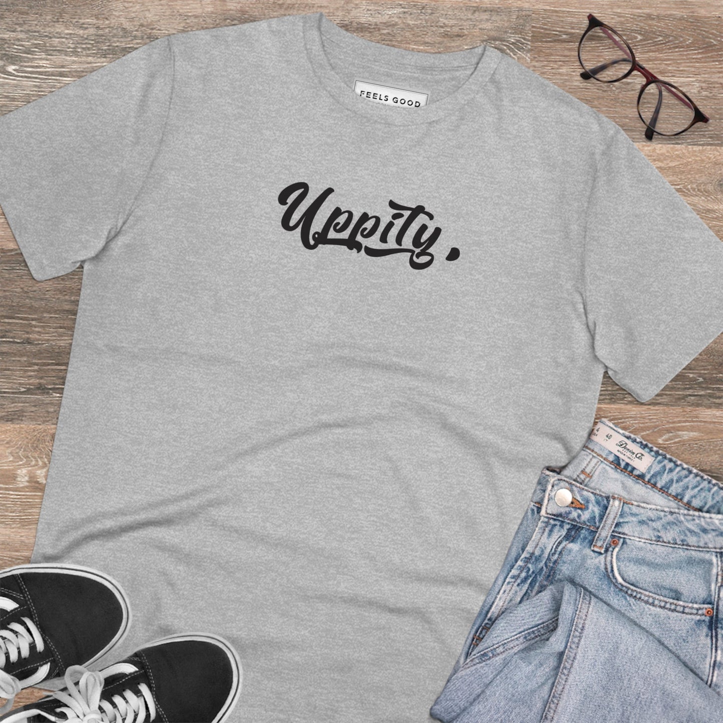 Organic cotton t-shirt with hip-hop uppity slogan and edgy attitude.