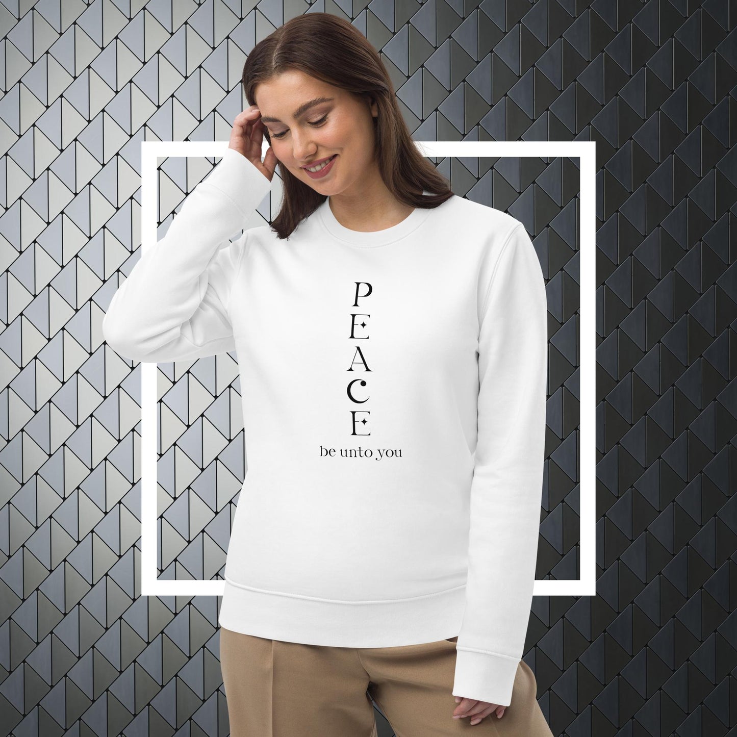 Best mens sweatshirt: 'Peace Be Unto You' meditation design.