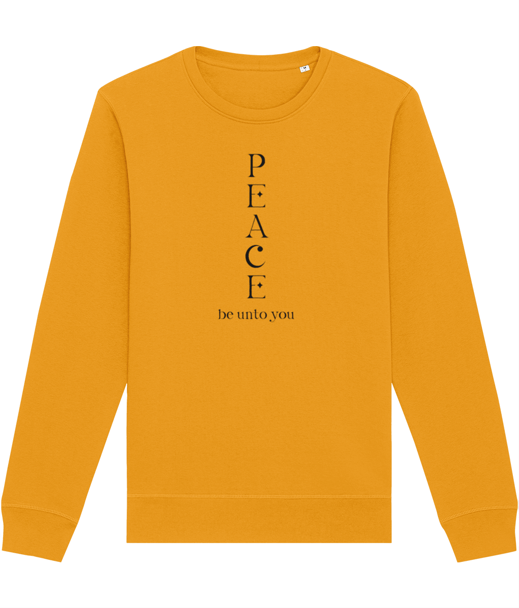 Best sweatshirts: 'Peace Be Unto You' meditation graphic.