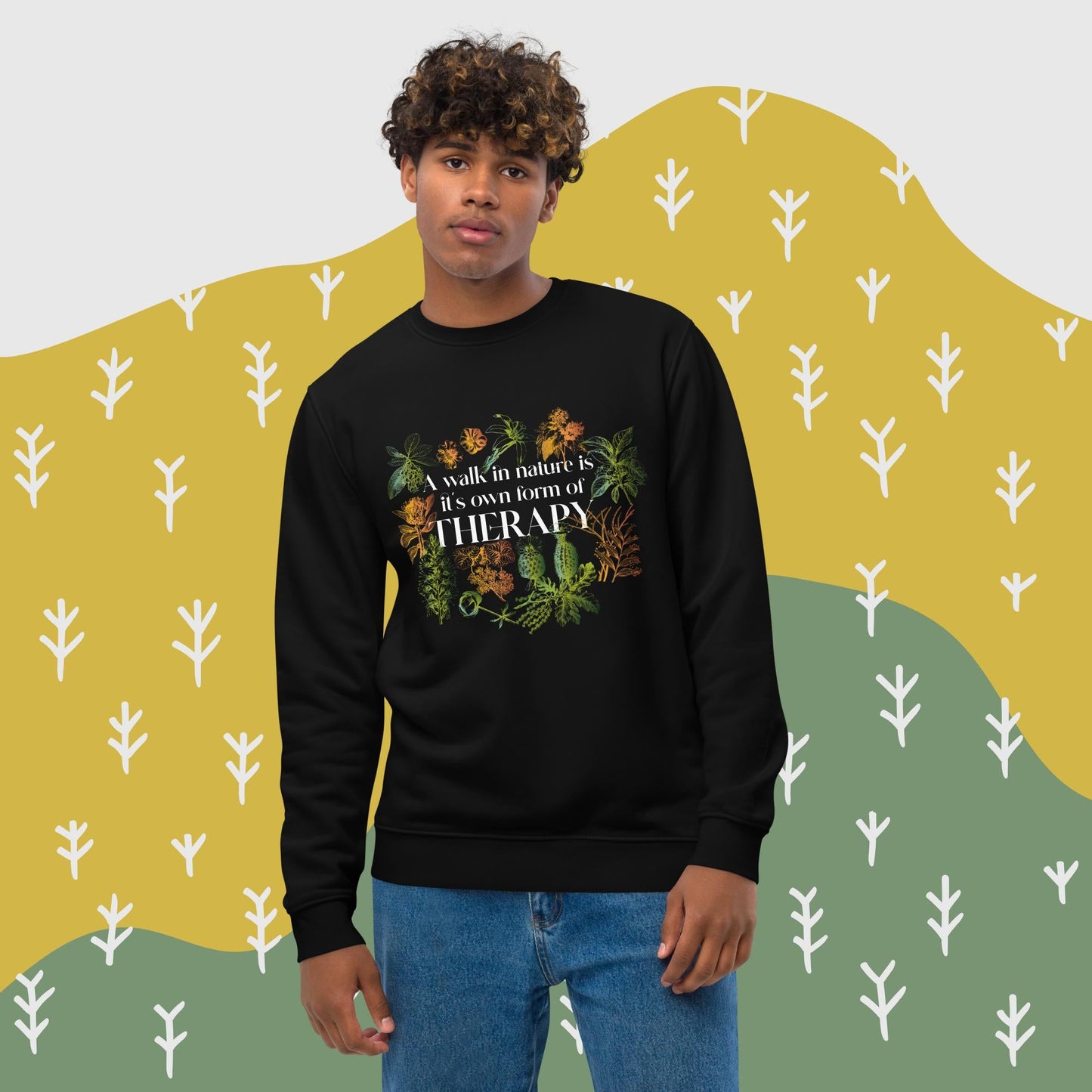 Adventure awaits! Wear the meditation 'Walk In Nature Therapy' organic cotton sweatshirt today.