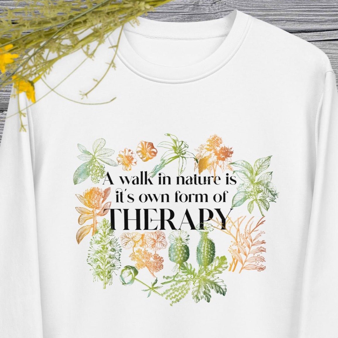 Meditation 'Walk In Nature Therapy' Organic Cotton White Sweatshirt - Fun Sweatshirt