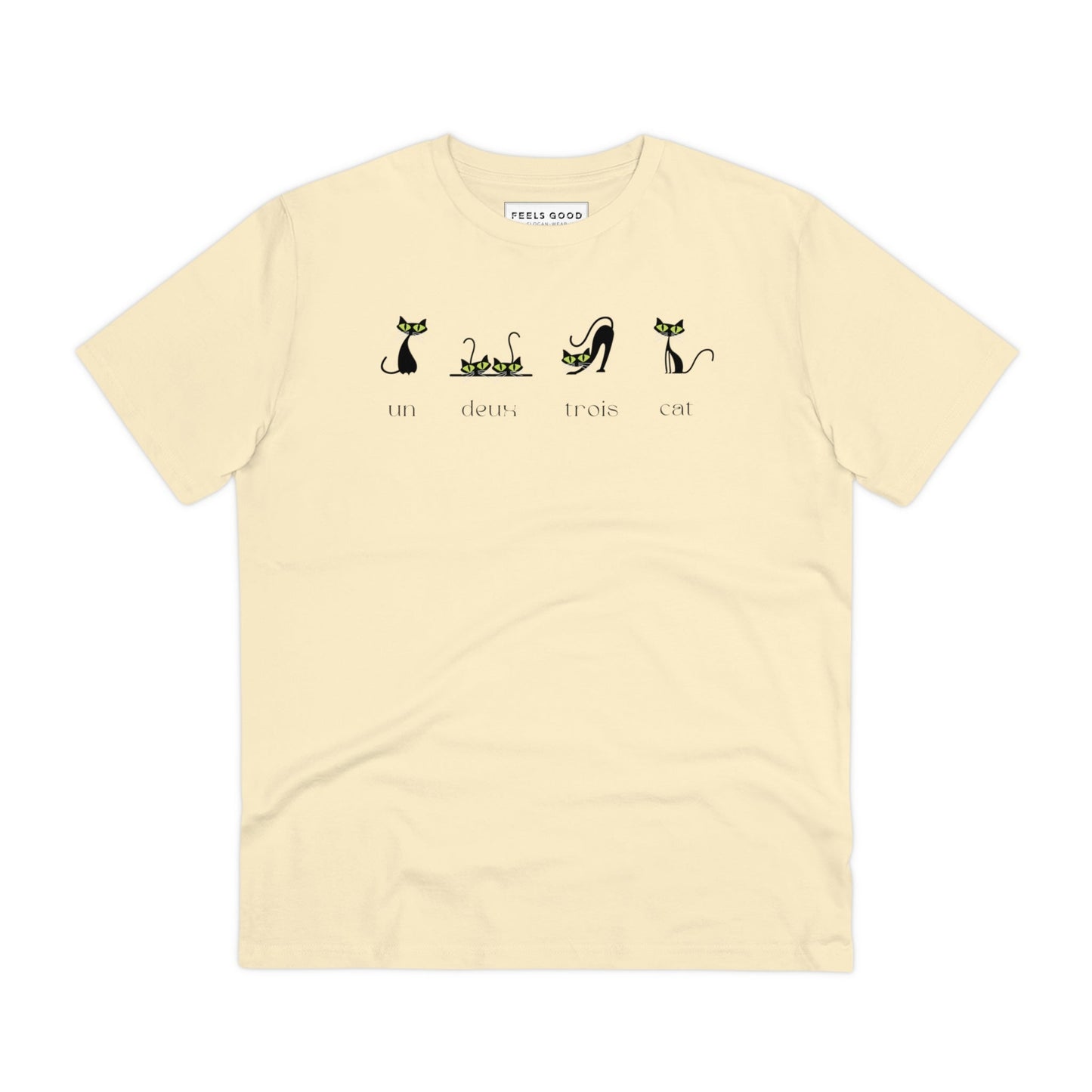 Organic cotton T-shirt with a humorous "4 French Cats" print.