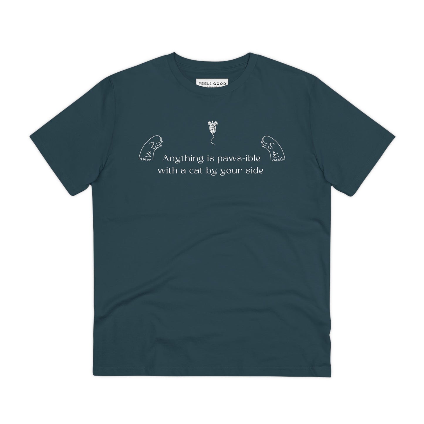 Men's cat t-shirt with 'Anything Is Pawsible' saying for playful cat fans.