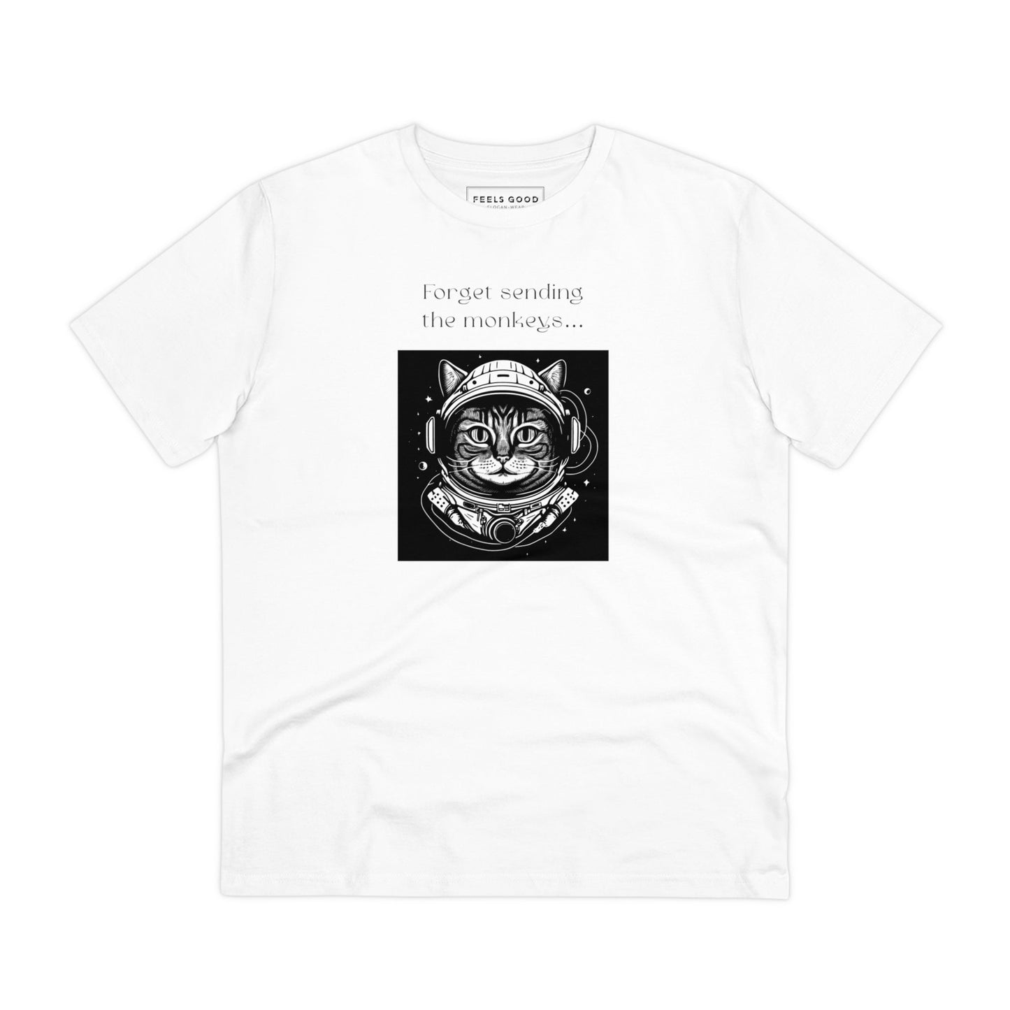 Organic cotton funny cat astronaut t-shirt for cat lovers.