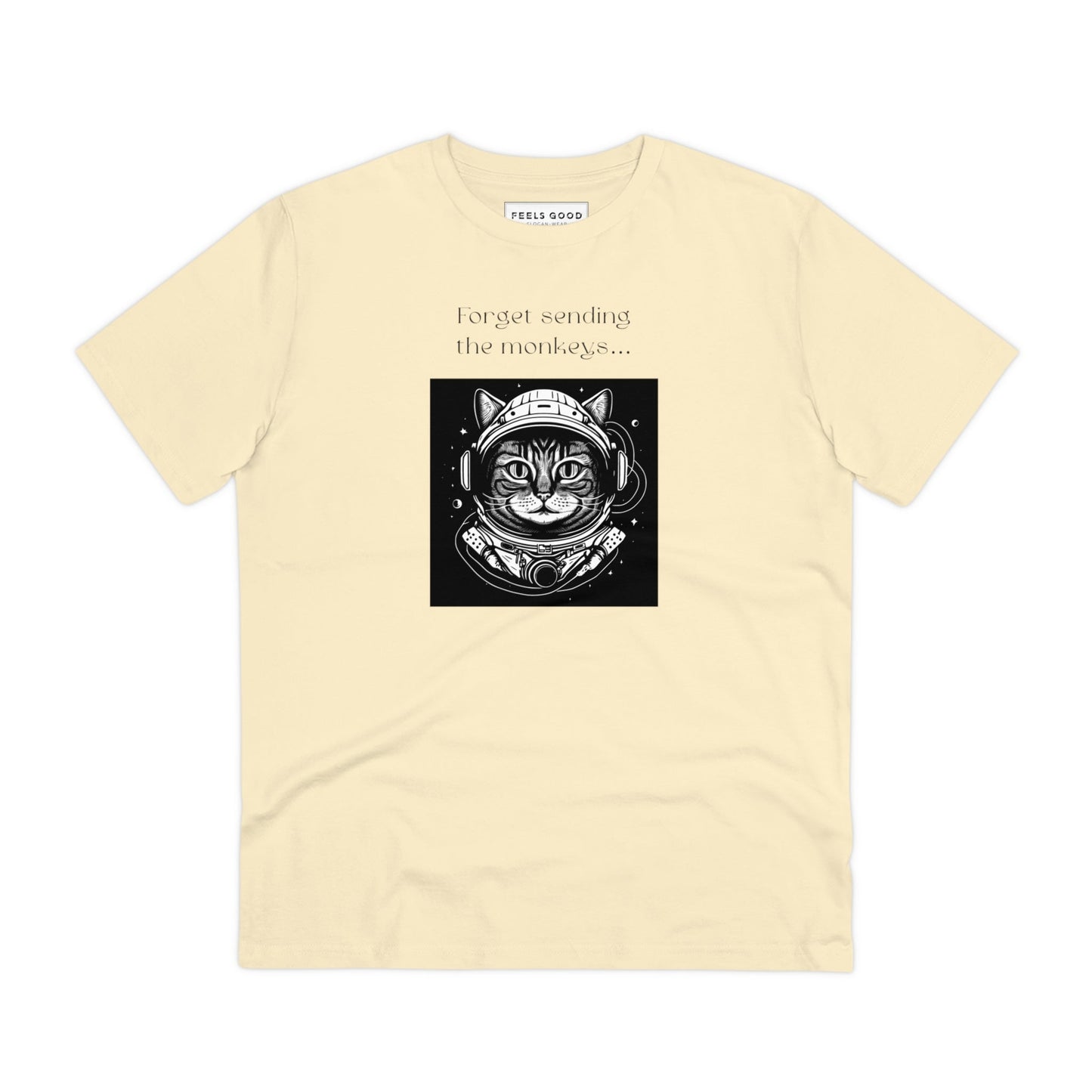 Men's cat astronaut t-shirt in organic cotton fabric.