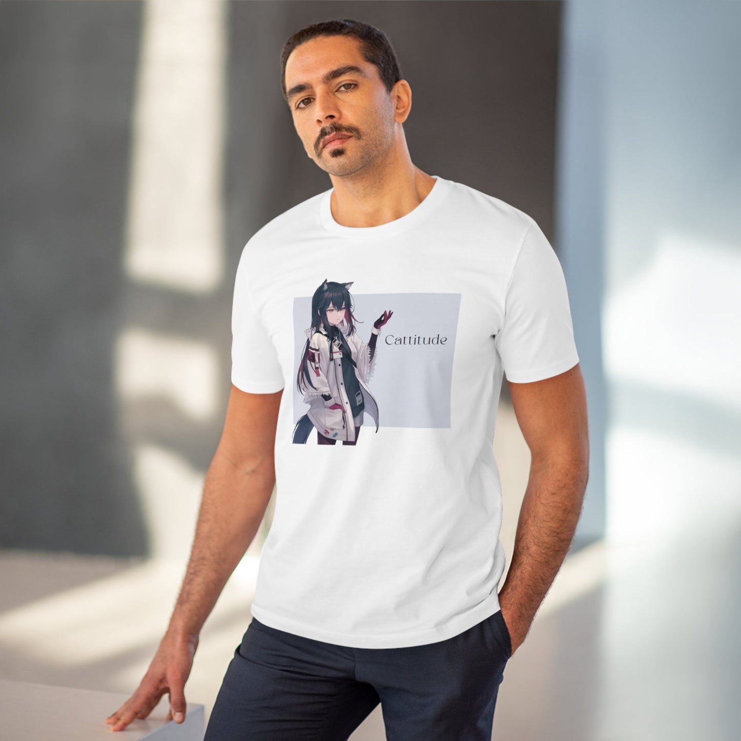 'Cattitude' Organic Cotton Cat T-shirt for men’s wardrobe.