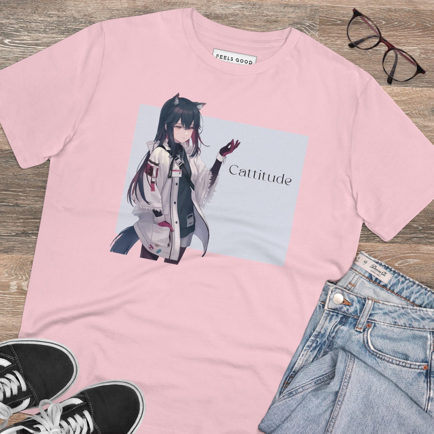Cat T-shirt with a fun 'Cattitude' design for women.