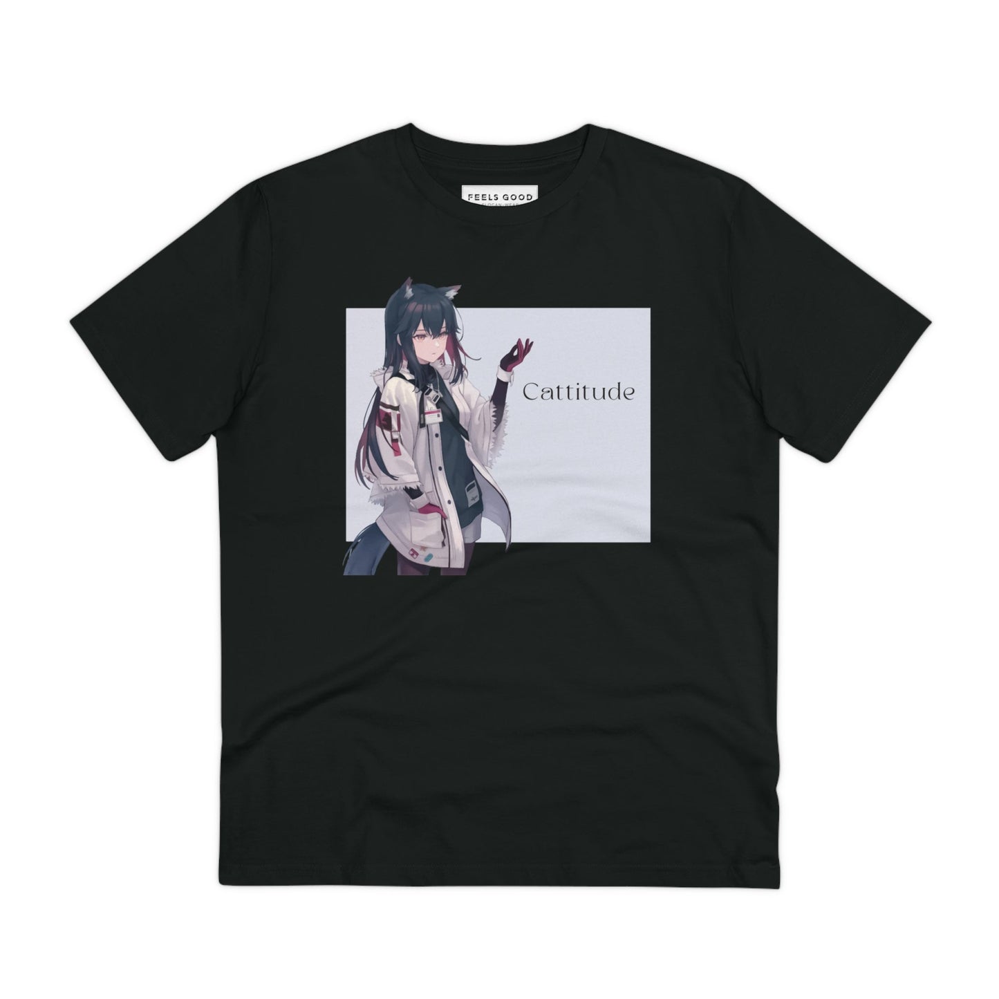 Eco-friendly 'Cattitude' Funny Cat T-shirt for cat lovers.