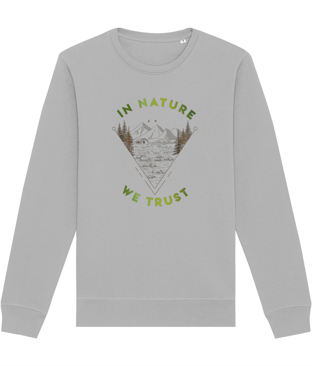 Cozy up on your next vacation with the organic cotton 'In Nature We Trust' sweatshirt—shop today.