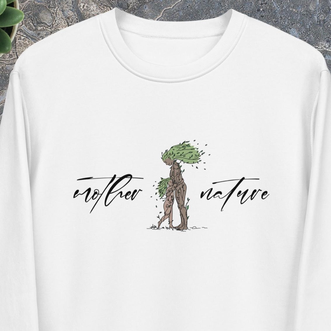 Stay comfy and stylish in our organic cotton 'Mother Nature' eco sweatshirt—great for adventures!