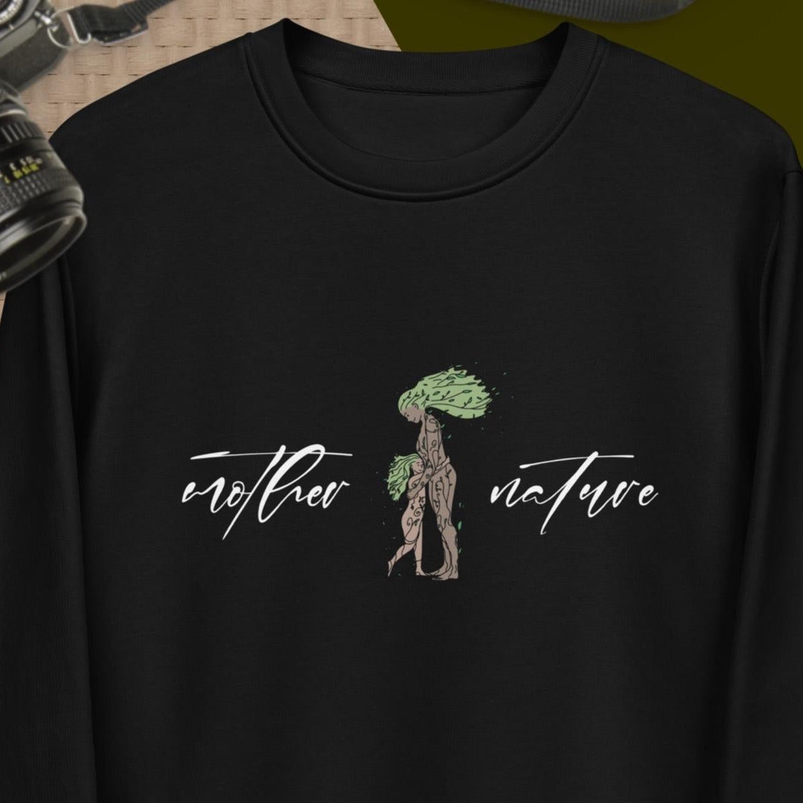 Stay cozy in our organic cotton 'Mother Nature' eco sweatshirt—perfect for travel and nature lovers!