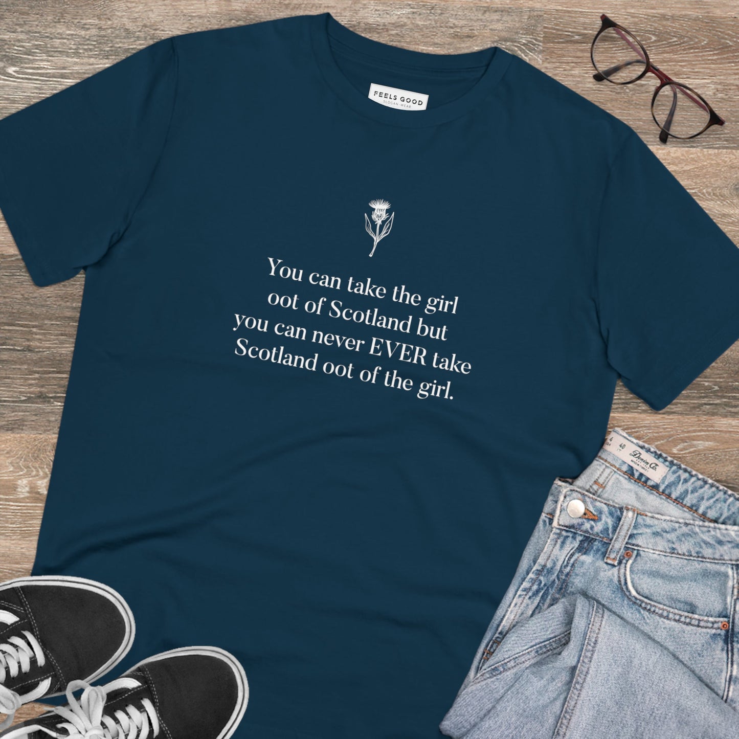 Love Scottish phrases? Wear them proudly with the organic cotton 'Scottish Girl Always' Scotland t-shirt.
