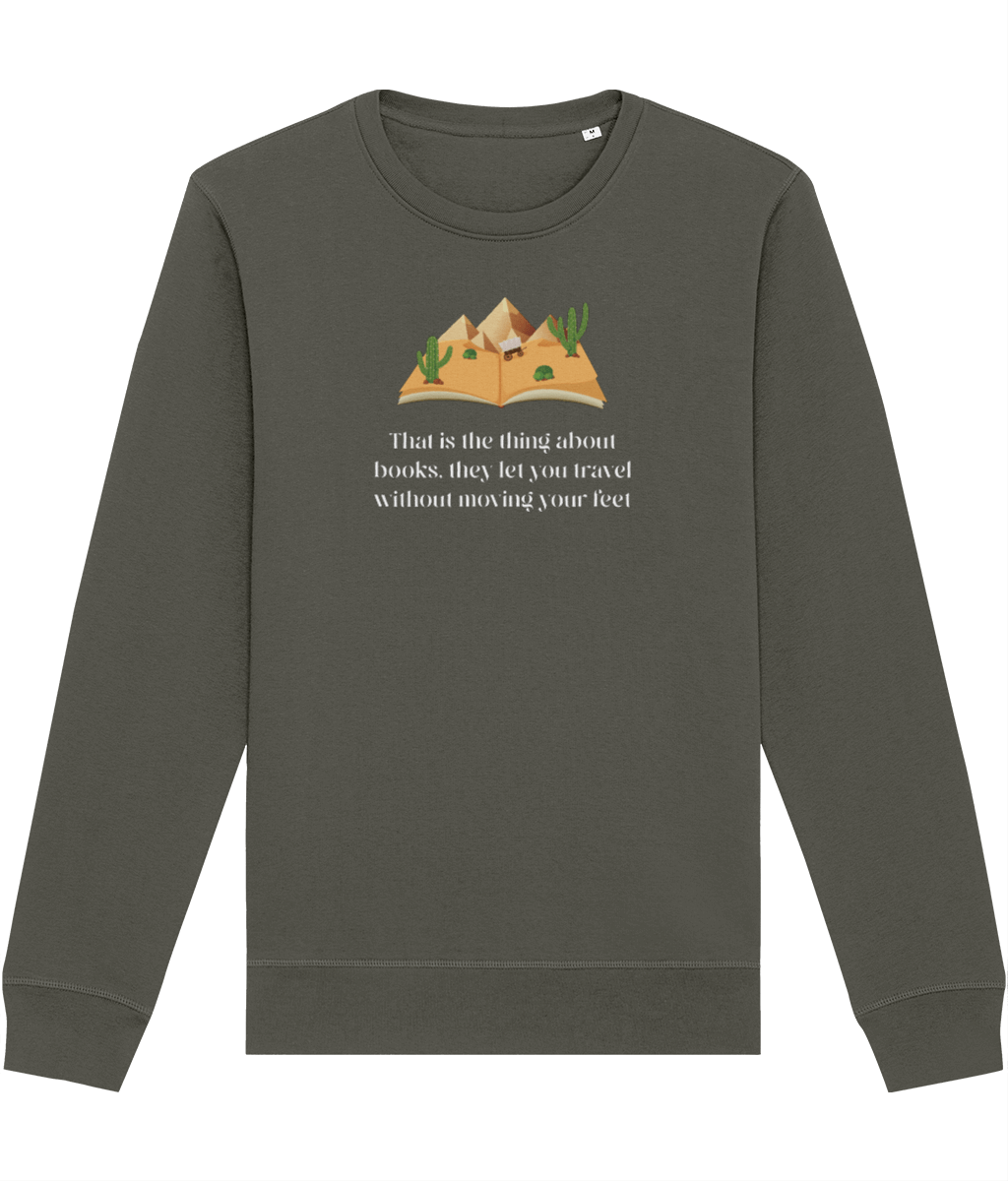 Top rated sweatshirt: 'The Book Traveller' organic feel.