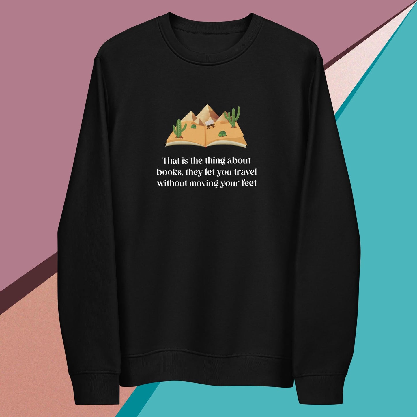 Quality best sweatshirt: 'The Book Traveller' cotton fabric for book lovers.